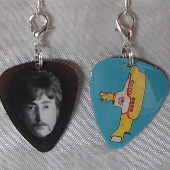 Beatles John Lennon Guitar Pick Zipper-Pull Handmade Earrings Yellow Submarine - Picture 6 of 9